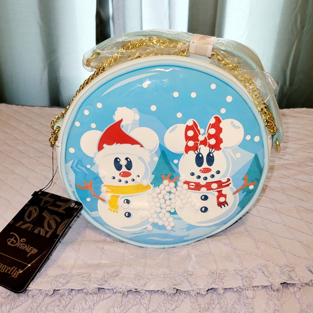 Loungefly Mickey & Minnie Mouse snowmen round crossbody purse NWT